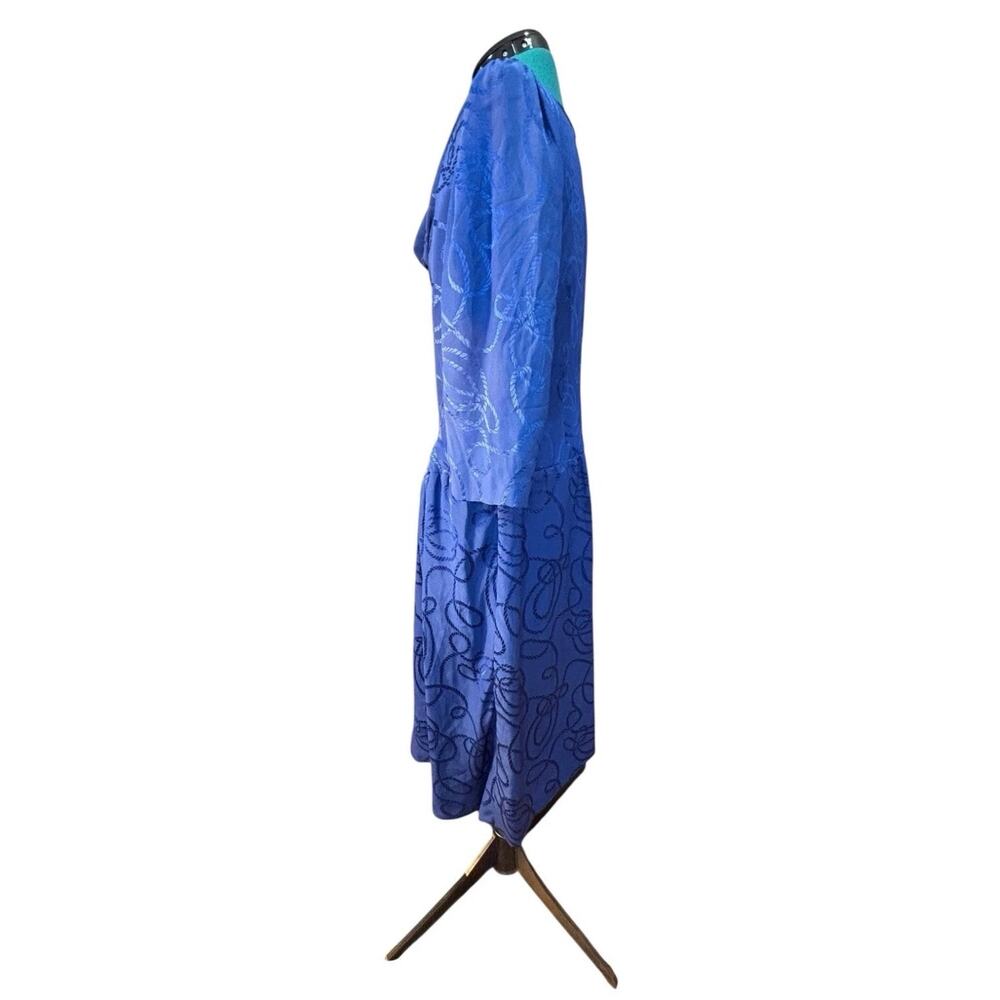 1980s Pauline Trigère Cobalt Silk Jacquard Dress 44” Bust Power Shoulders USA - Picture 2 of 10